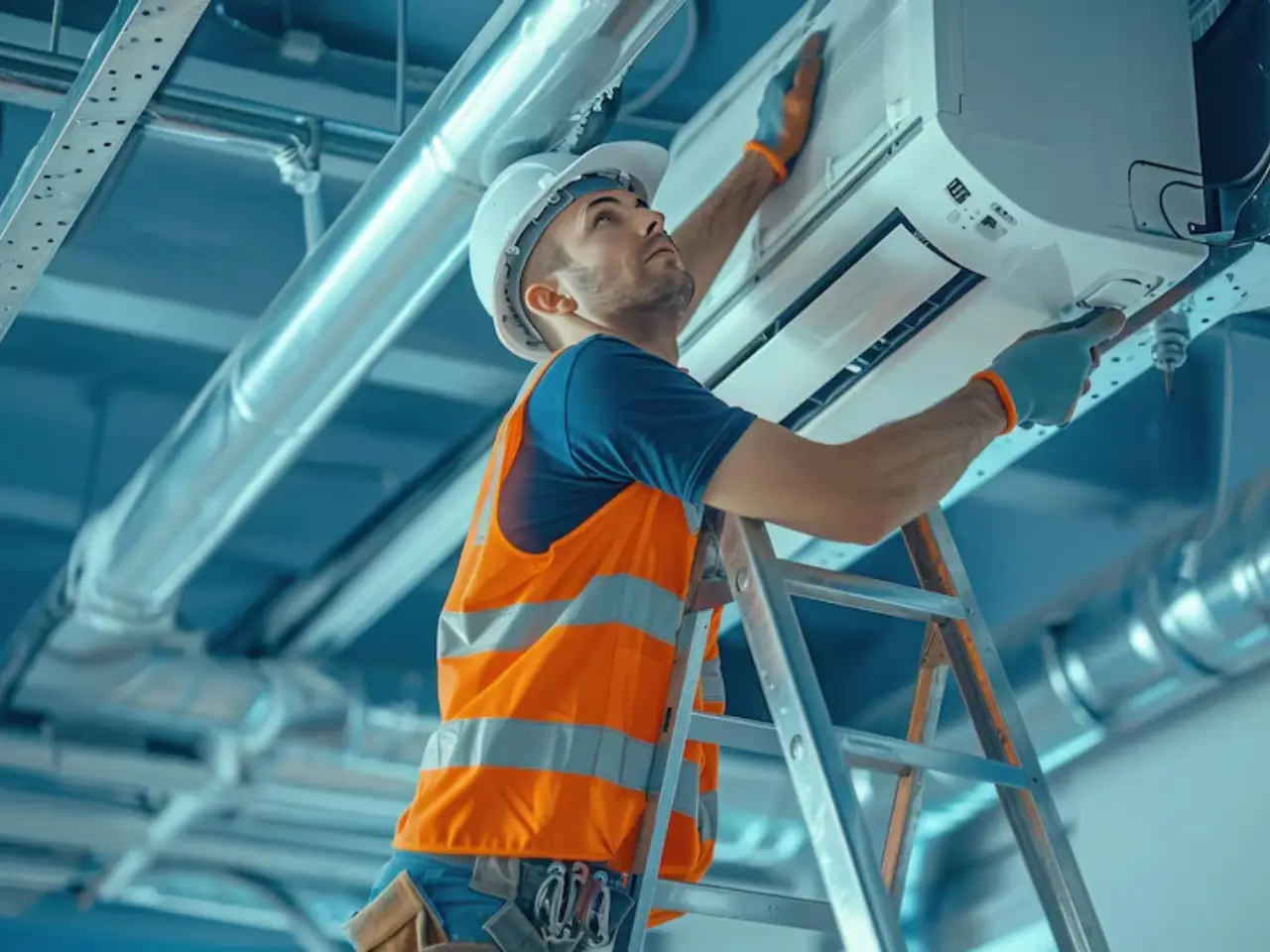 Technician performing maintenance as part of air conditioning services Dubai.