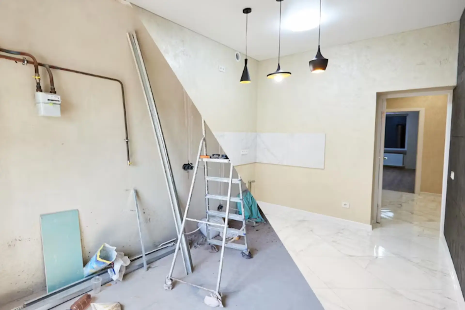 Before and after images of a kitchen remodel highlighting expert home renovation Dubai services.